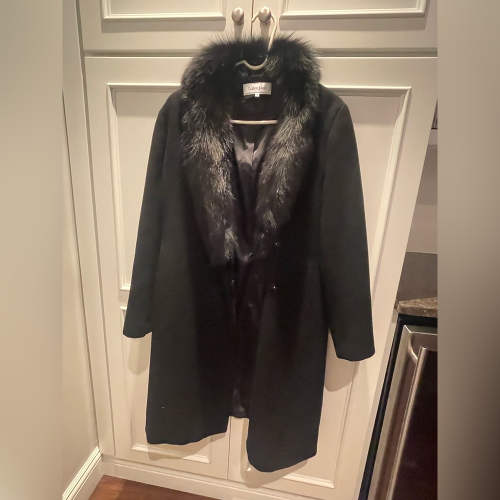Calvin Klein wool Coat with Fox Fur Collar size 8